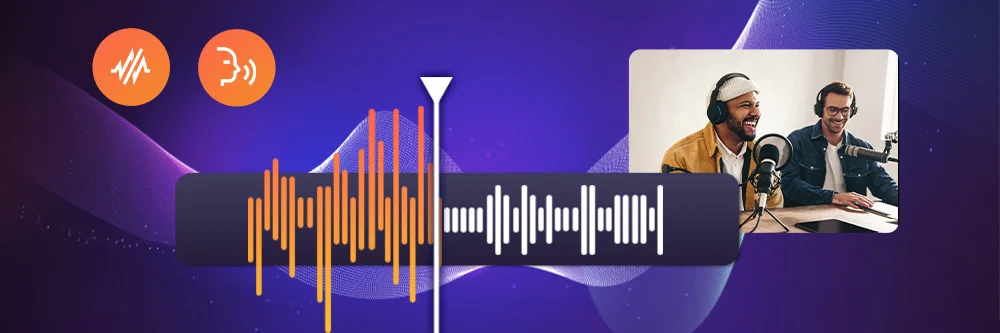 AI audio tool icon of PowerDirector and demo image of 2 guys recoding